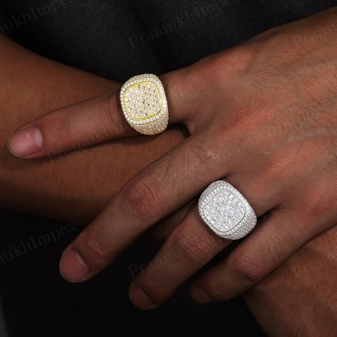 24k Gold Plated 925 Silver Moissanite Full Iced Out Square Signet Ring Jewelry