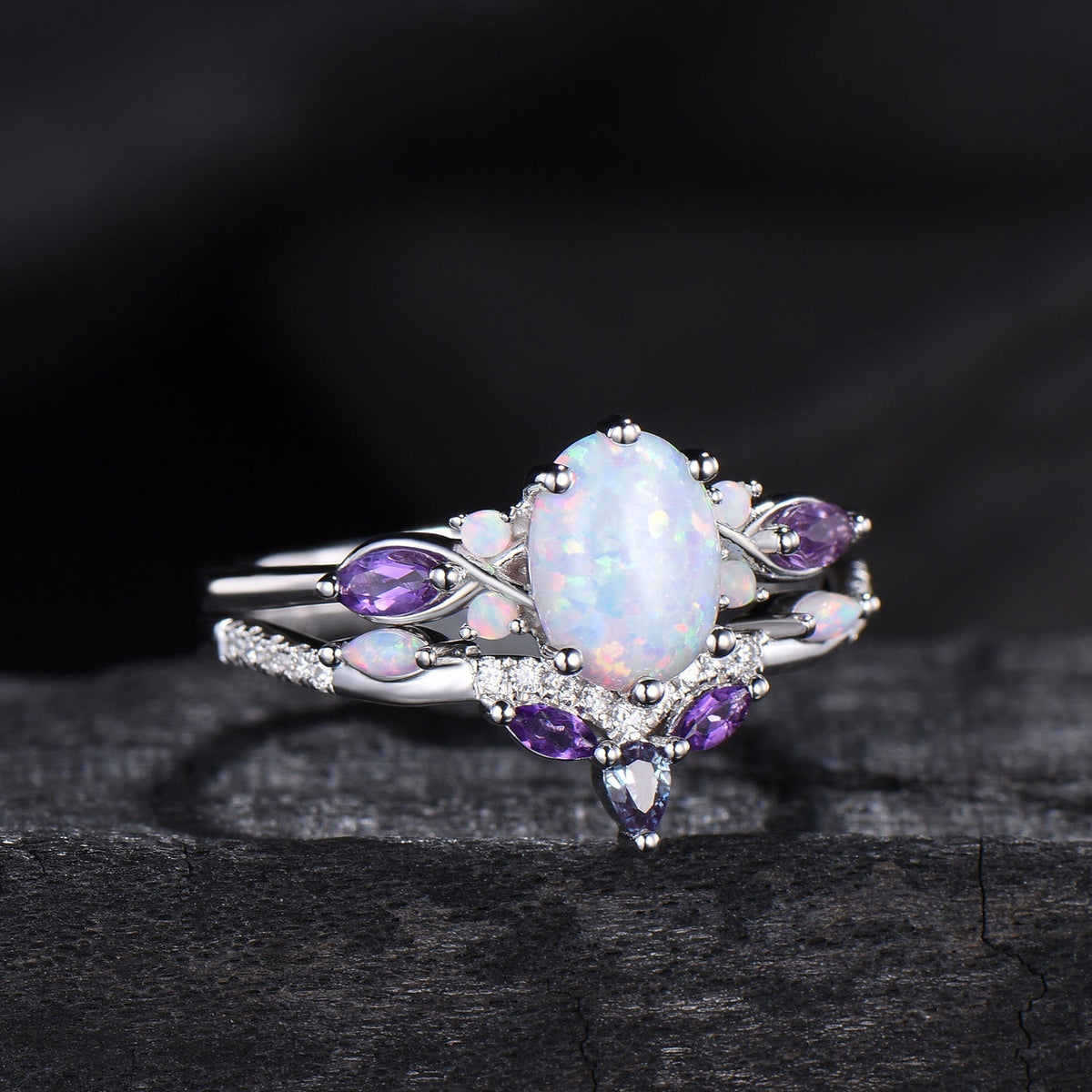 Vintage oval opal engagement ring set 14k white gold twisted unique fire opal amethyst wedding ring set art deco anniversary gift bridal set