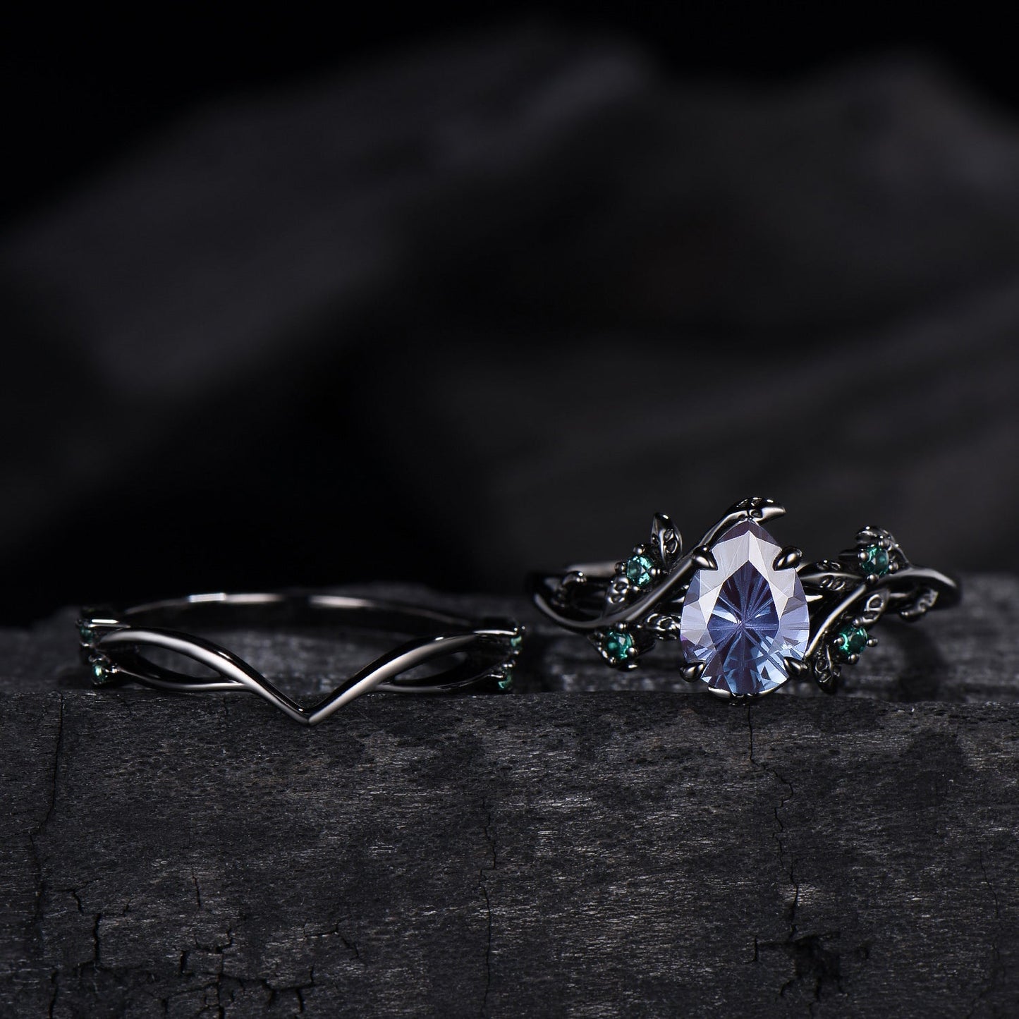 Fireworks Cut Alexandrite Engagement Ring Set Twig Vine Nature Inspired Black Gold Emerald Cluster Bridal Set