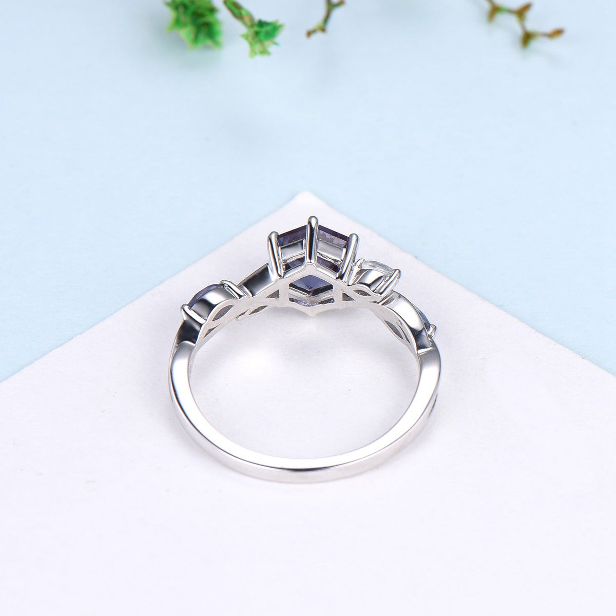 Vintage Hexagon cut Alexandrite engagement ring five stone marquise moonstone wedding ring June birthstone split shank anniversary ring gift
