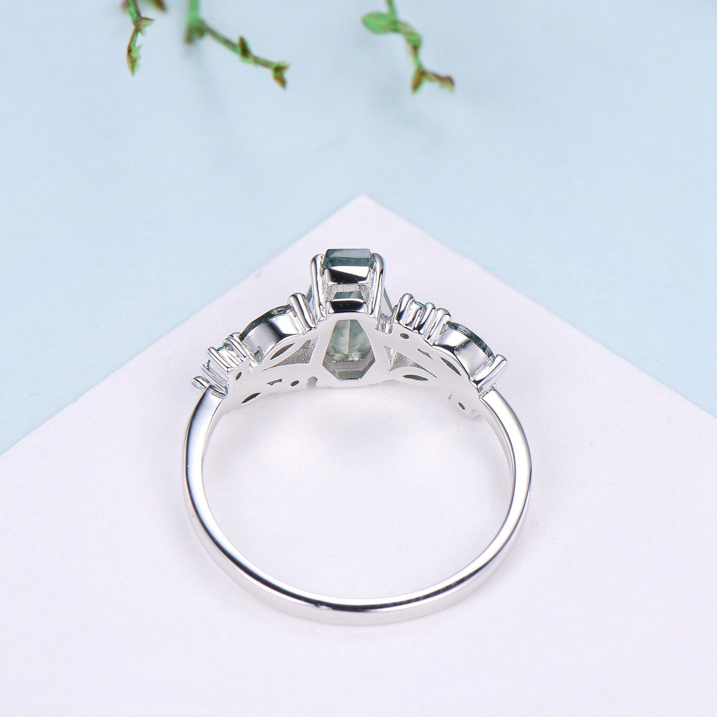 Unique Coffin Cut Moss Agate Ring Split Shank Engagement Ring Cluster Emerald Agate Wedding Ring MARRIED TILL BURIED Green Promise Ring Gift