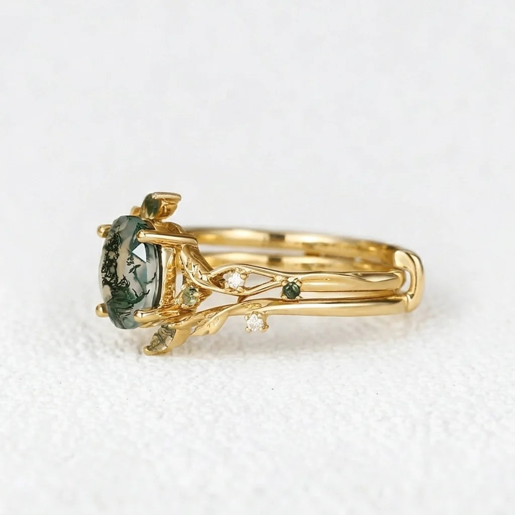 Melisande’s Tracery | Green Moss Agate Leaf Engagement Ring Set 2pcs