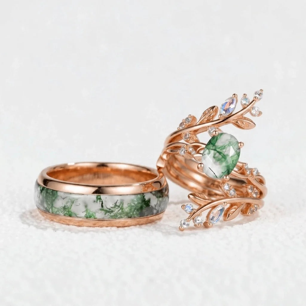 Sylvie’s Wildwood | Oval Moss Agate & Inlay Band Couple Set 3pcs