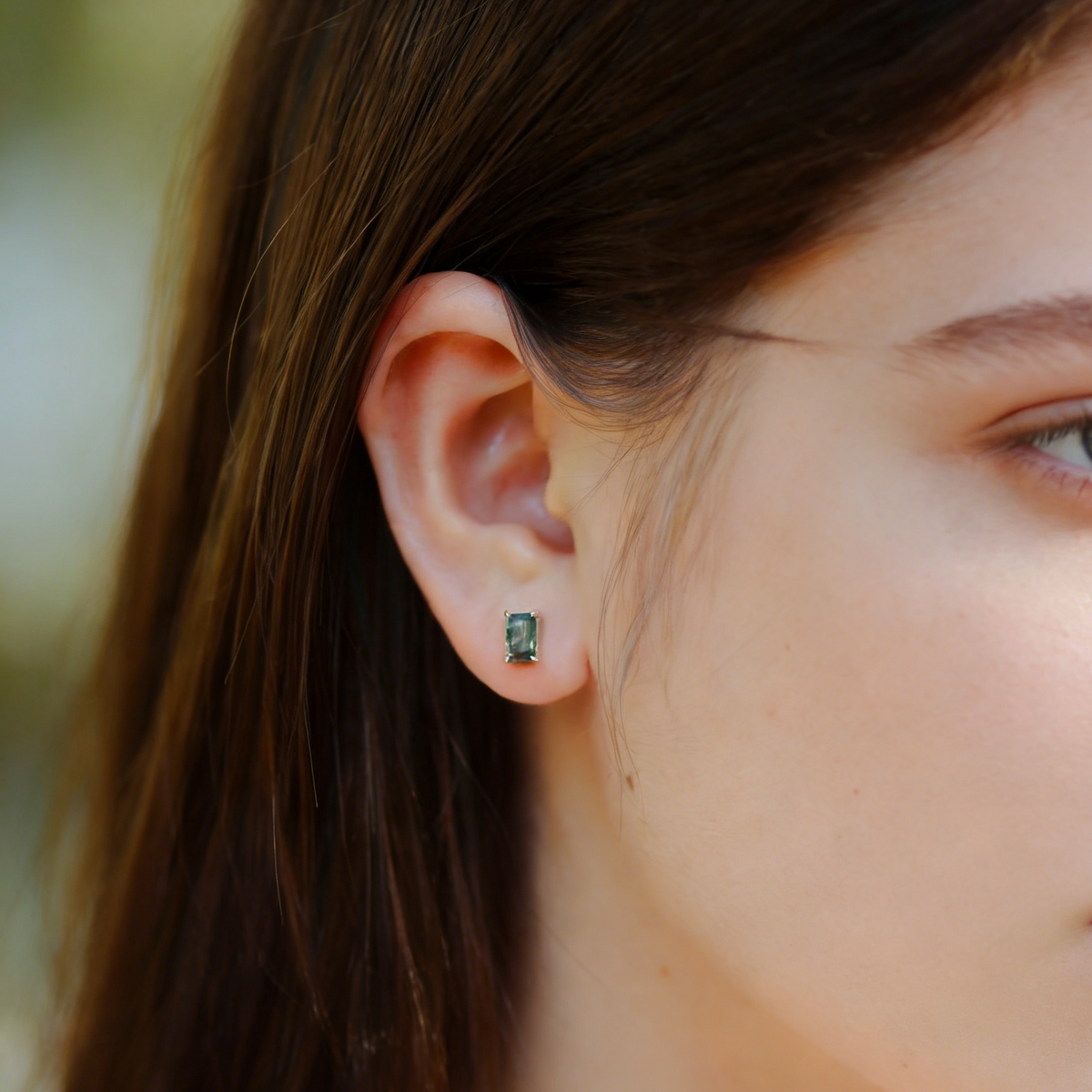 Mossgrove - Emerald Cut Moss Agate Solitaire Classic Stud Earrings