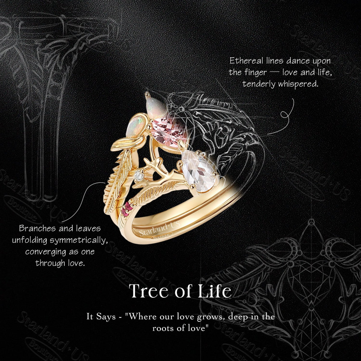 Tree of Life - Heart Lab Pink Sapphire + Pear Moissanite Engagement Ring Set with Feather Inspired Band