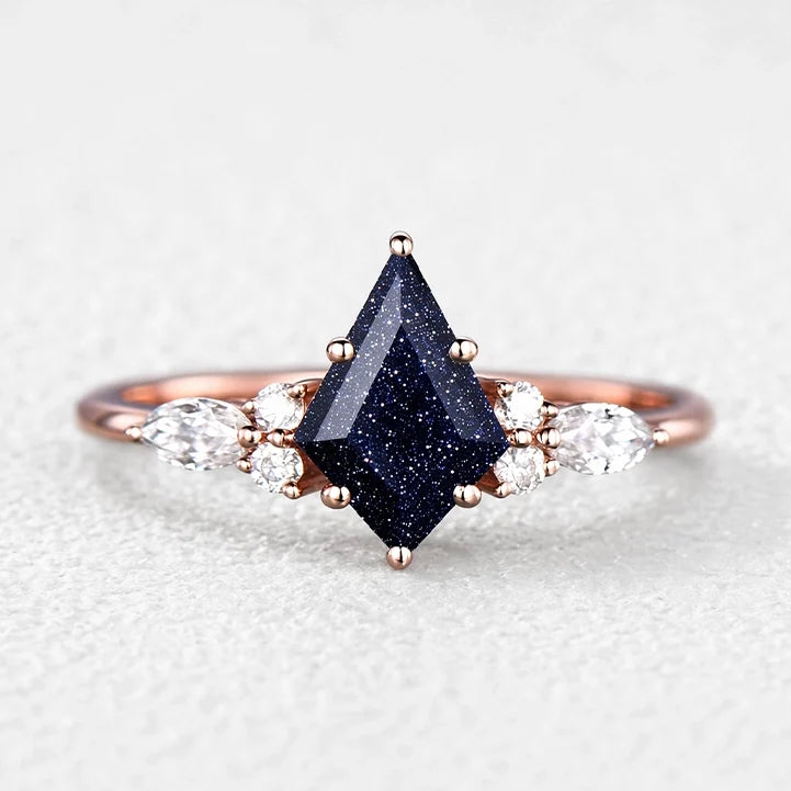 Stella’s Spark | Kite Cut Blue Sandstone & Marquise Moissanite Bridal Set 2pcs