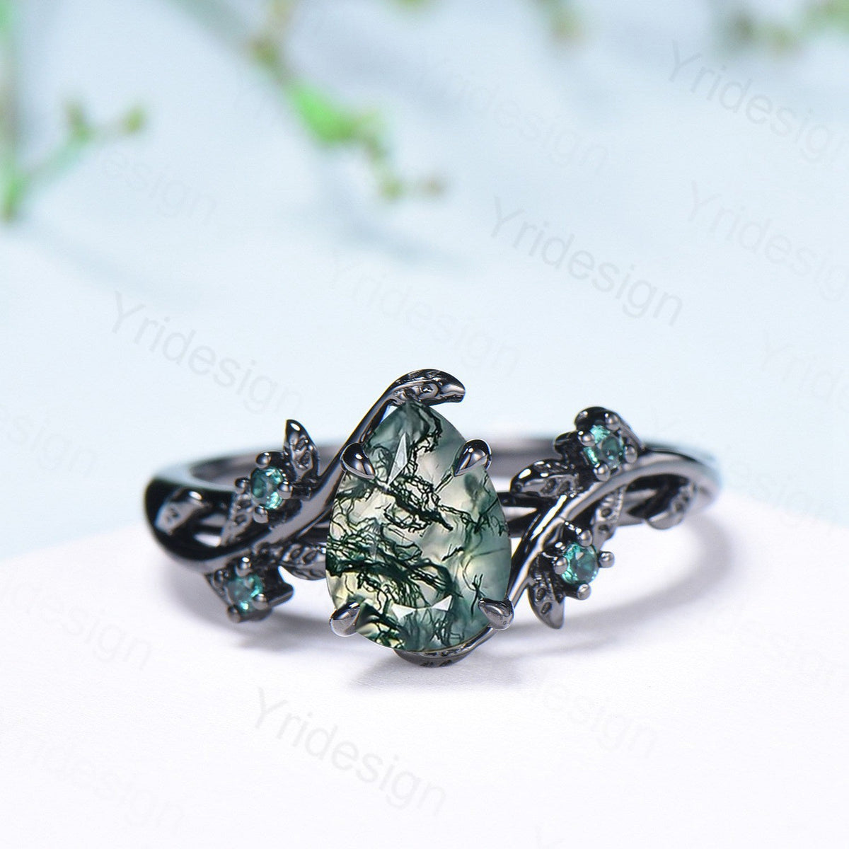 Black gold pear shaped moss agate wedding ring set, Nature inspired green agate twig vine engagement ring set, Leafy bridal ring set for her