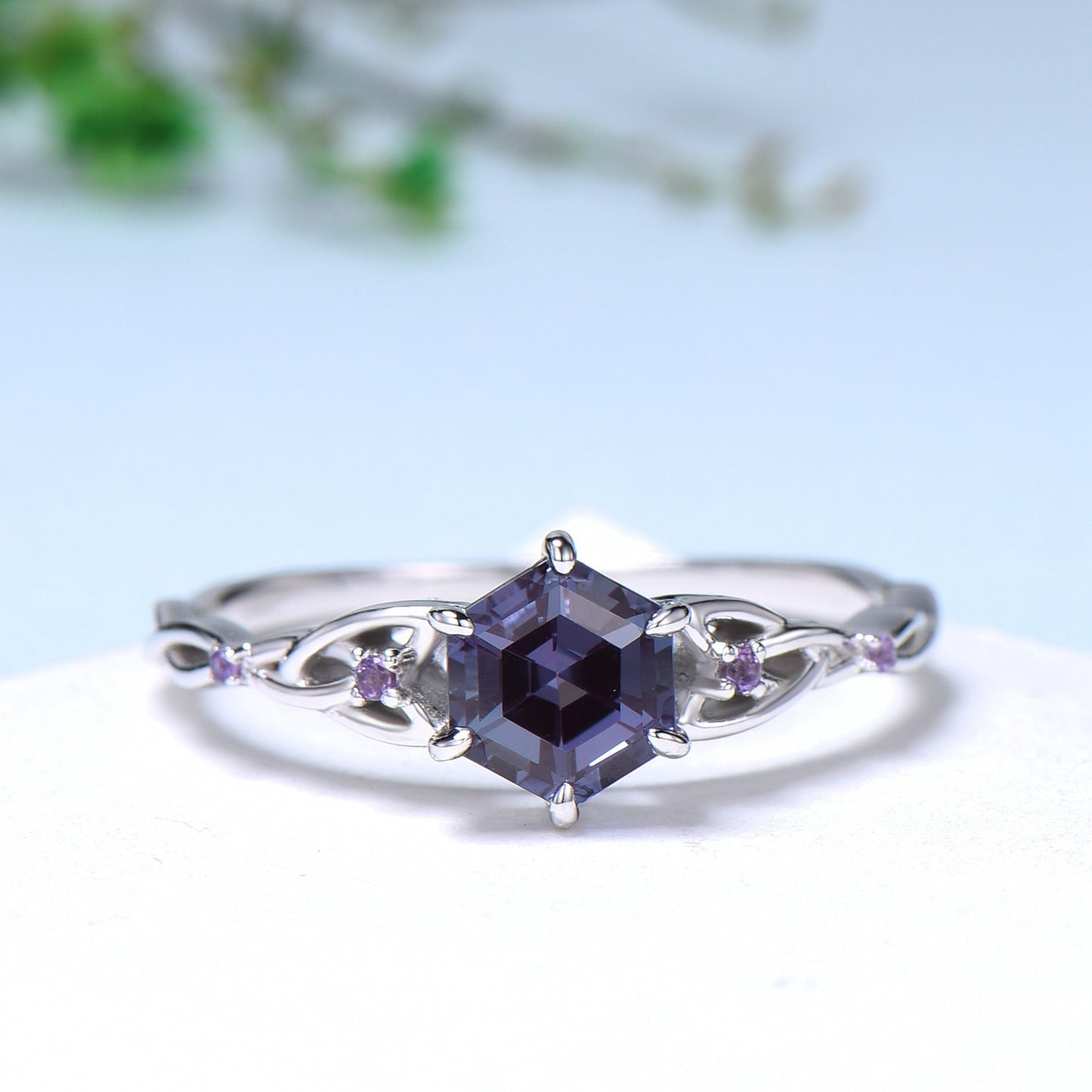 Norse Viking Hexagon Alexandrite Ring Set Celtic Love Knot Alexandrite Amethyst Engagement Ring Unique Twisted Wedding Ring Set For Women