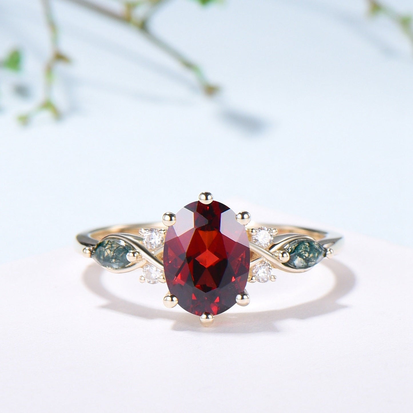 Vintage Oval Garnet Engagement Ring Set, Accent Marquise Moss Agate Yellow Gold Bridal Ring