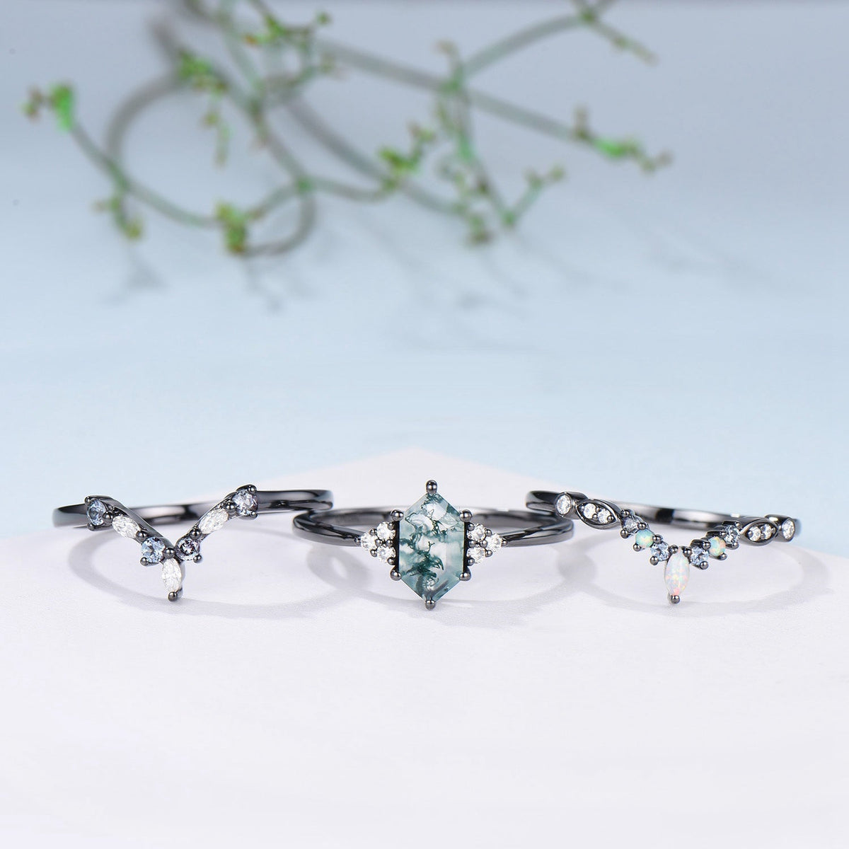 3pcs Black Gold Moss Agate Wedding Ring Set, Long Hexagon Natural Green Agate Gothic Engagement Ring, Unique Alexandrite Opal Stacking Band