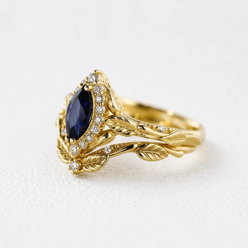 Victoria’s Diadem | Marquise Cut Sapphire & Diamond Halo Bridal Set 2pcs