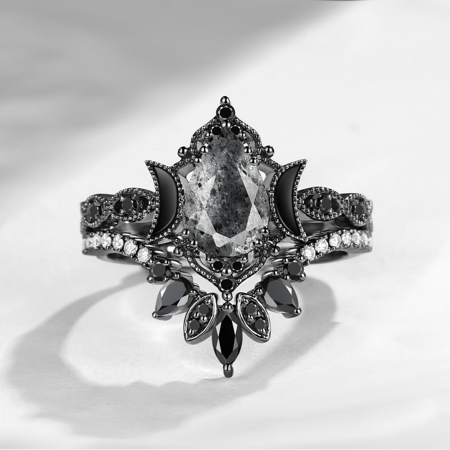 Crescent Moon | Pear Cut Herkimer Diamond 'Ultra Galaxy' Engagement Ring Set 2pcs