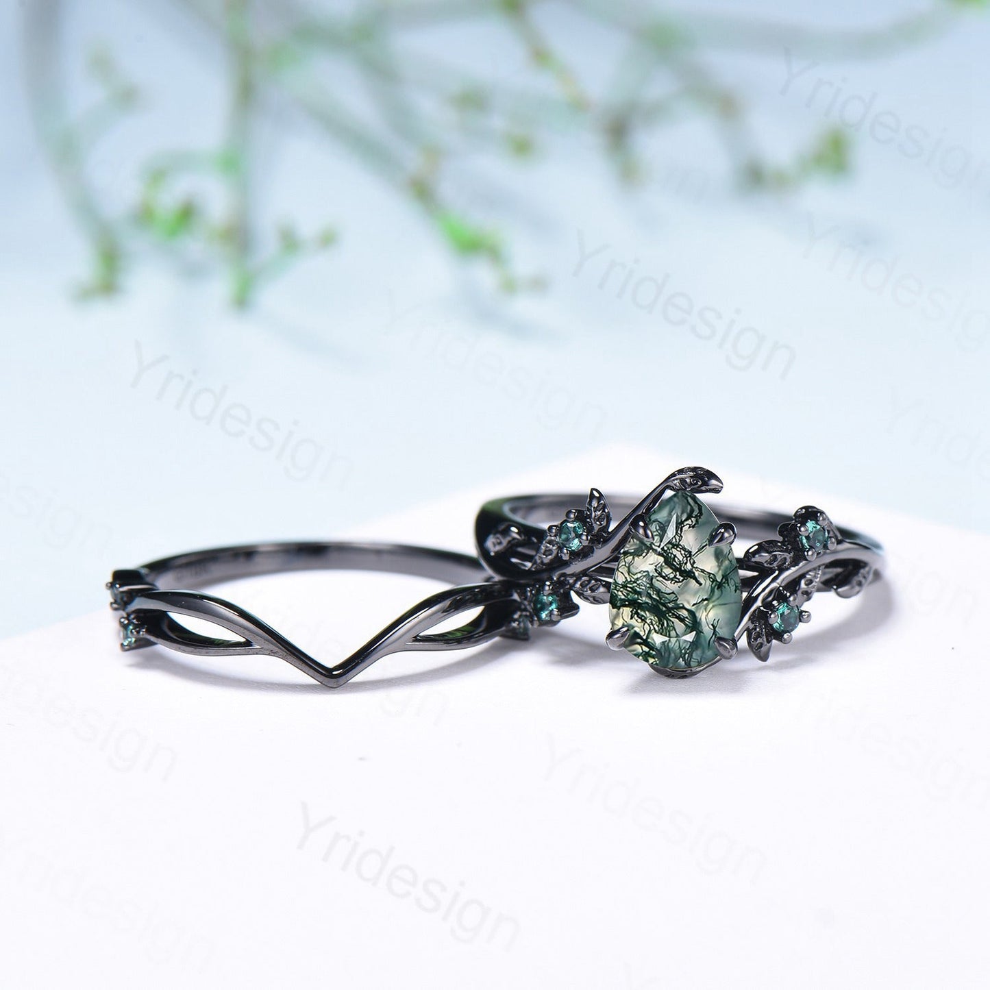 Black gold pear shaped moss agate wedding ring set, Nature inspired green agate twig vine engagement ring set, Leafy bridal ring set for her