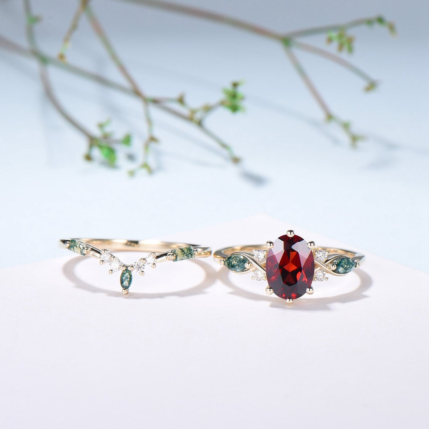 Vintage Oval Garnet Engagement Ring Set, Accent Marquise Moss Agate Yellow Gold Bridal Ring