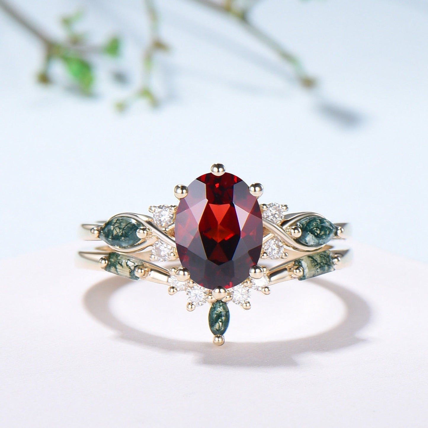 Vintage Oval Garnet Engagement Ring Set, Accent Marquise Moss Agate Yellow Gold Bridal Ring