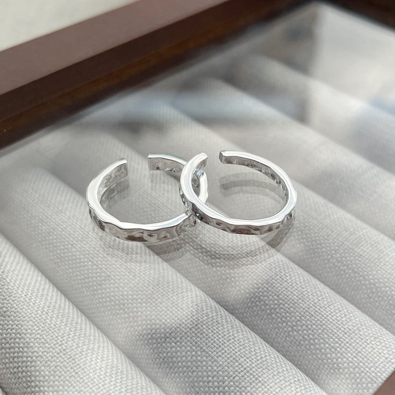 Stone Texture Open Ring, Minimalist Irregular Concave-Convex Band, Ins Cold Style Adjustable S925 Sterling Silver  Ring for Women