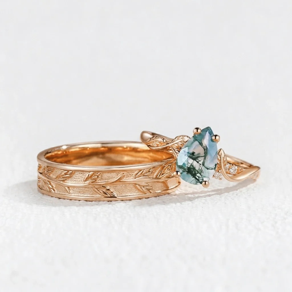 Laurel’s Spinney | Pear Moss Agate Leaf Wedding Band Couple Set 3pcs