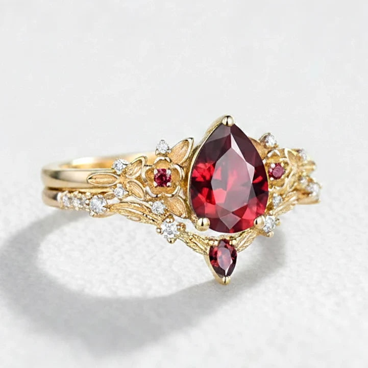 Scarlett’s Twig | Vintage Pear Red Ruby & Diamond Floral Bridal Set 2pcs