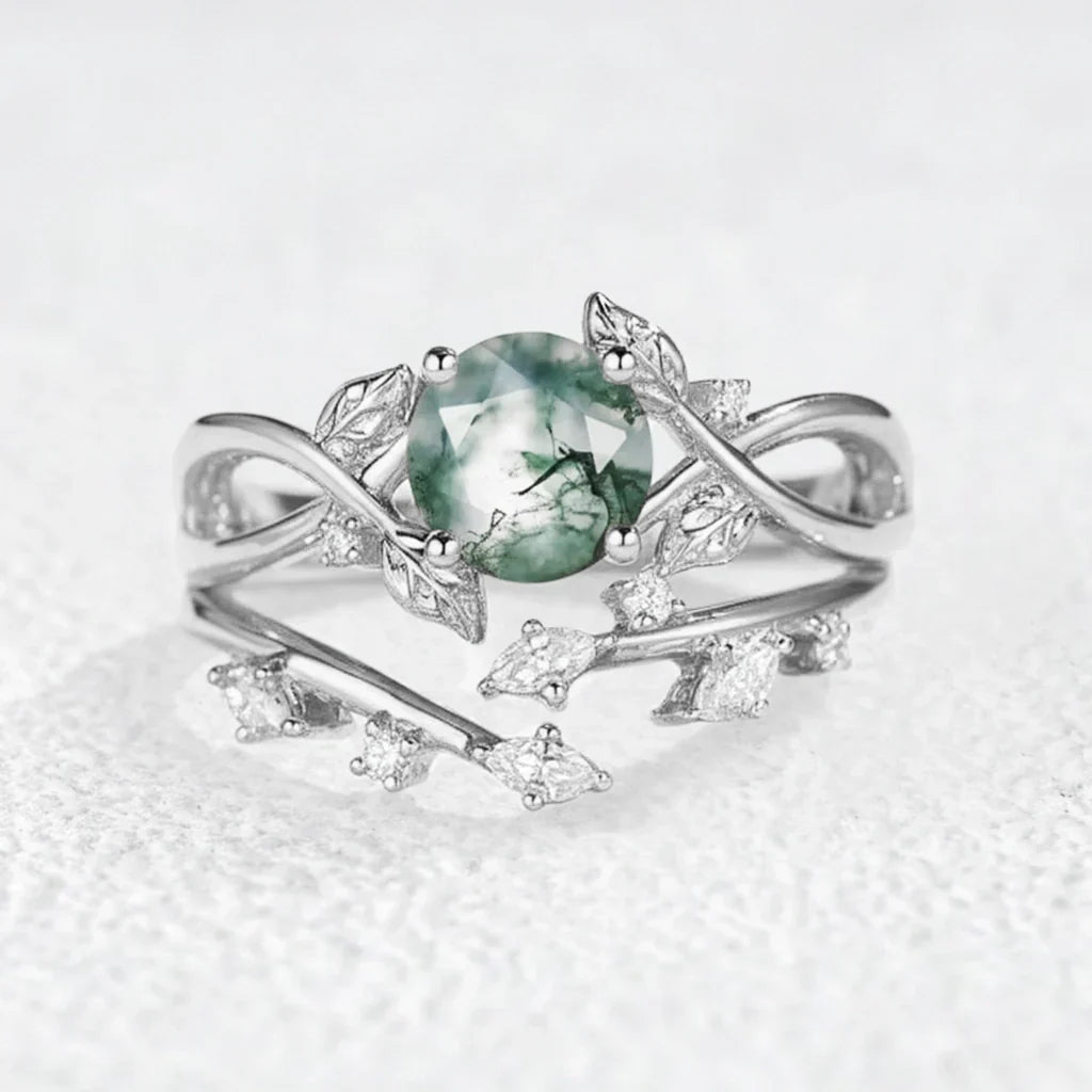 Cordelia Round Cut Moss Agate Leafy Infinity Bridal Set 2pcs