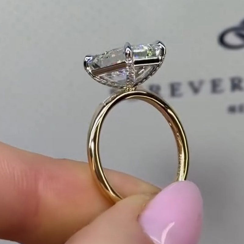 Two Tone Emerald Cut Sterling Silver Engagement Ring