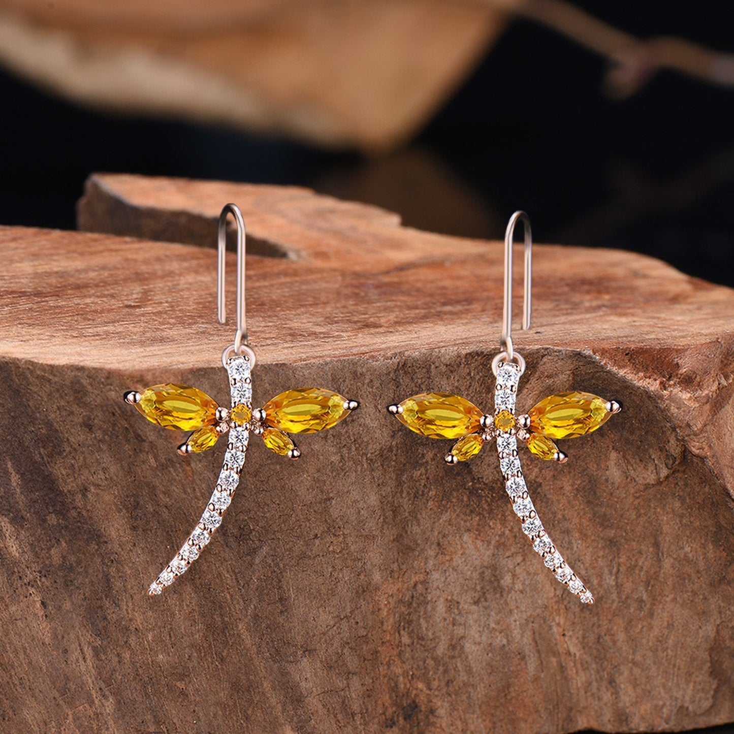 Elegant dragonfly marqusie cut citrine earrings November birthstone fine jewelry