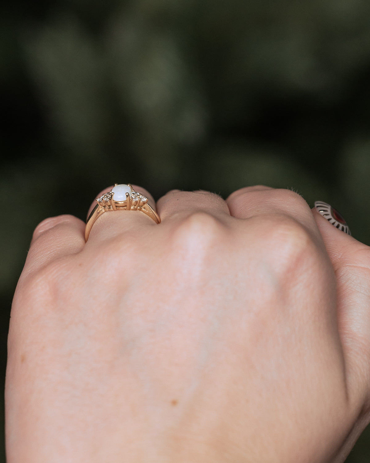 "Rhea" - Oval Cabochon Cut White Opal Engagement Ring With Diamond Accents