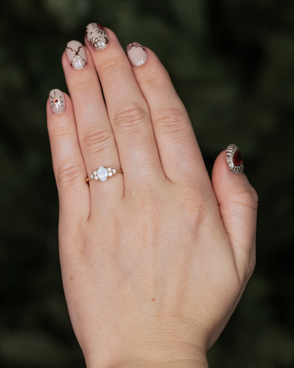 "Rhea" - Oval Cabochon Cut White Opal Engagement Ring With Diamond Accents