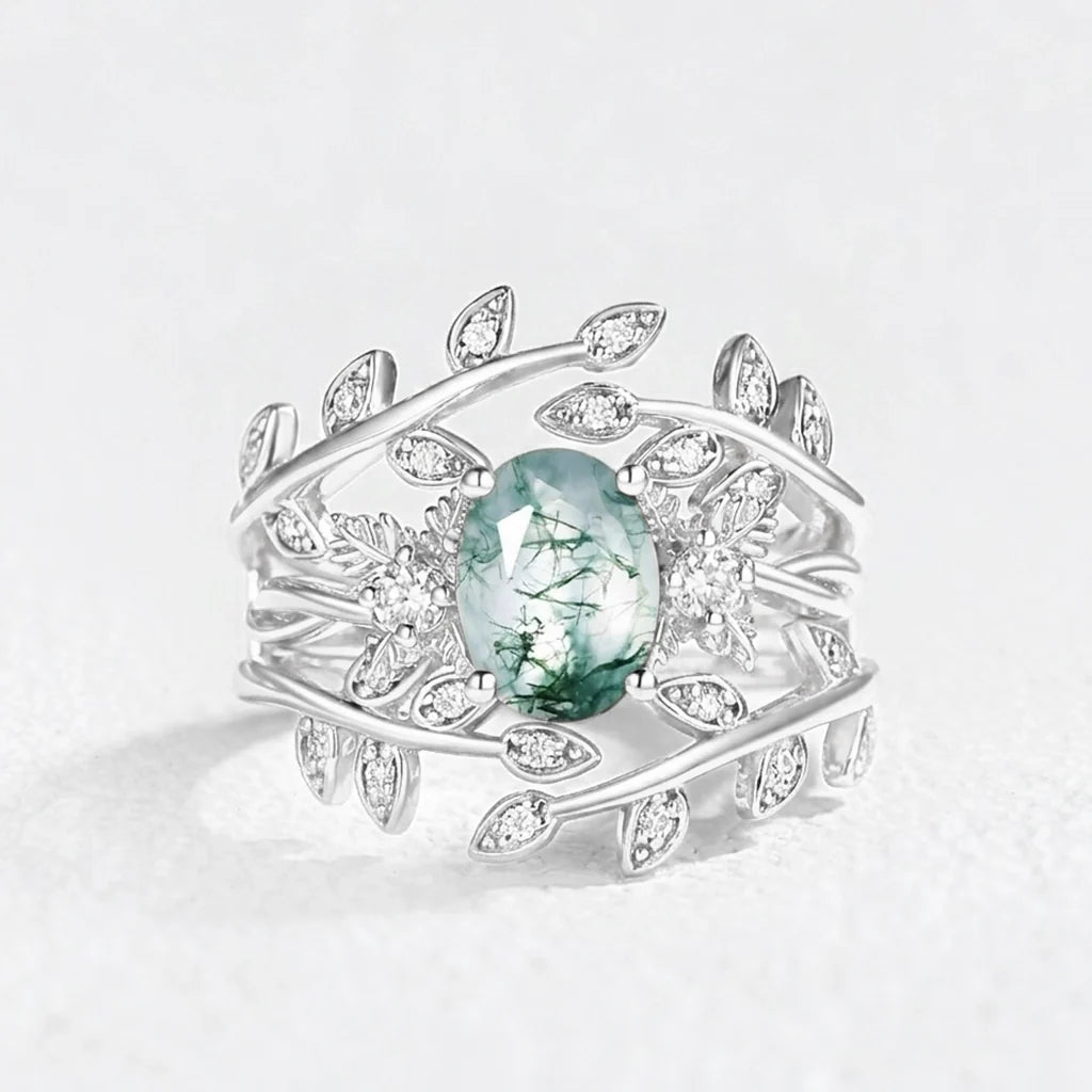 Léonie Oval Cut Moss Agate Leafy Enhancer Ring Set 2pcs