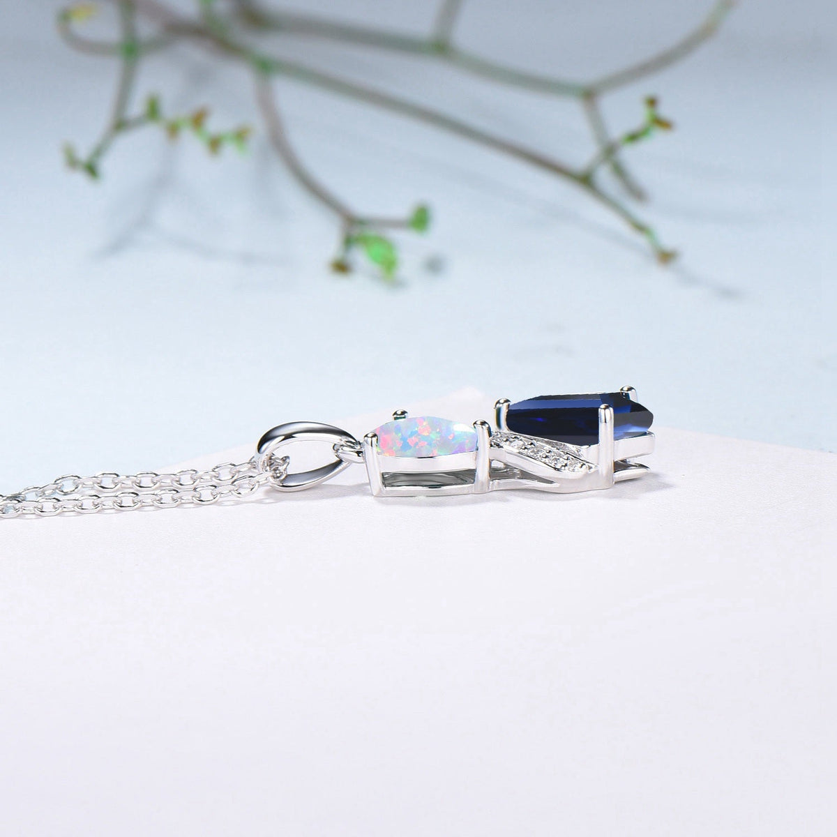 Unique Opal Sapphire Necklace Pendant Women Alternative Moissanite Pear Shaped Opal & Kite Blue Sapphire