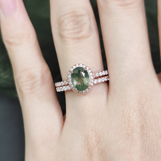 Oval Halo Zircon Pave Moss Agate Classic Engagement Ring Set 2pcs
