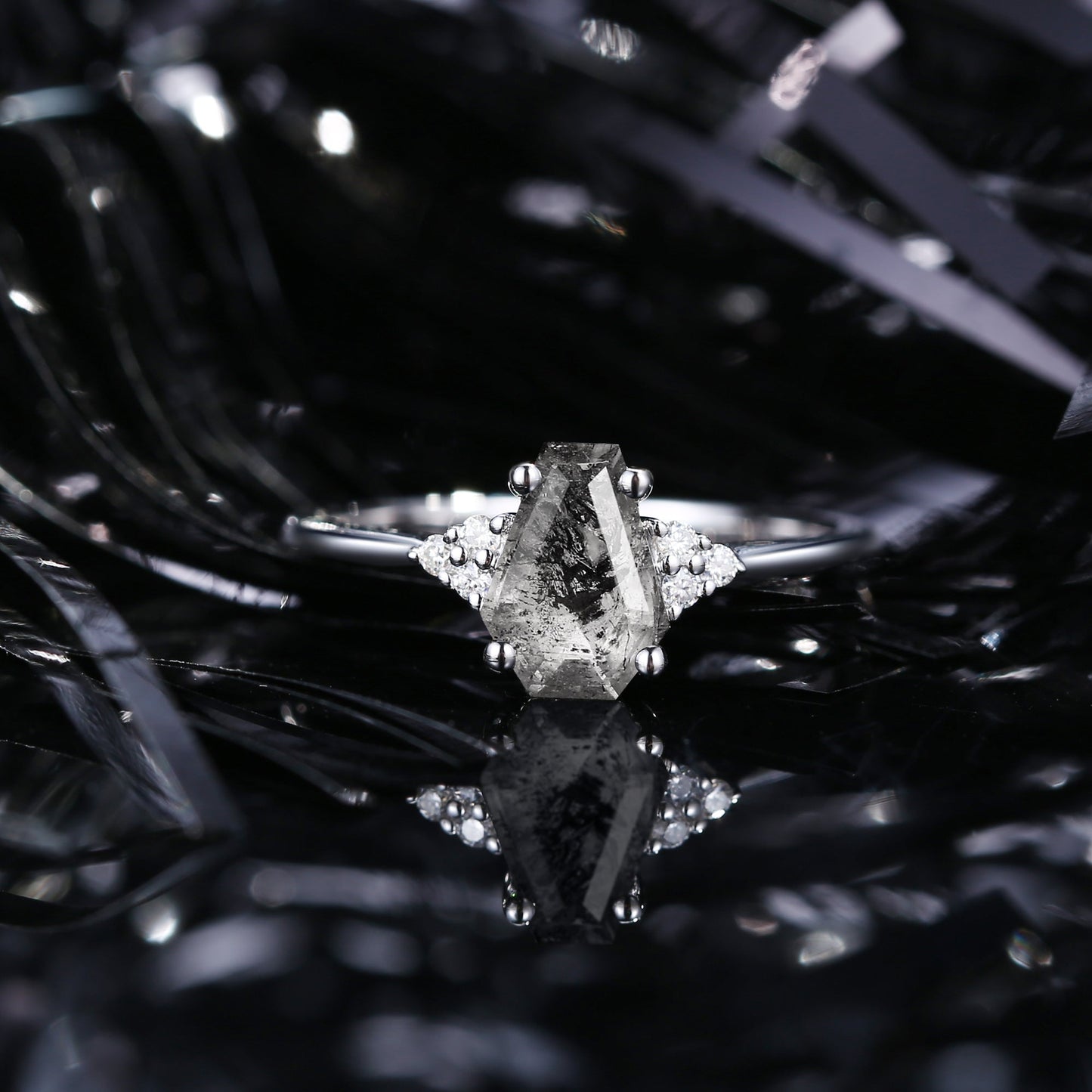 Classic Coffin Cut Herkimer Diamond Engagement Ring