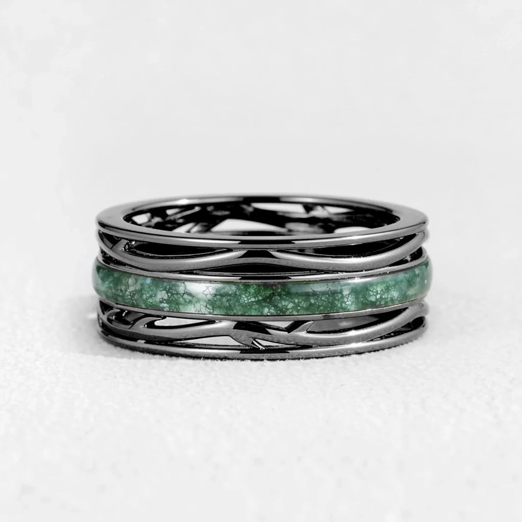 Odin’s Dominion | 8MM Moss Agate Men’s Ring with Openwork Branch Sides
