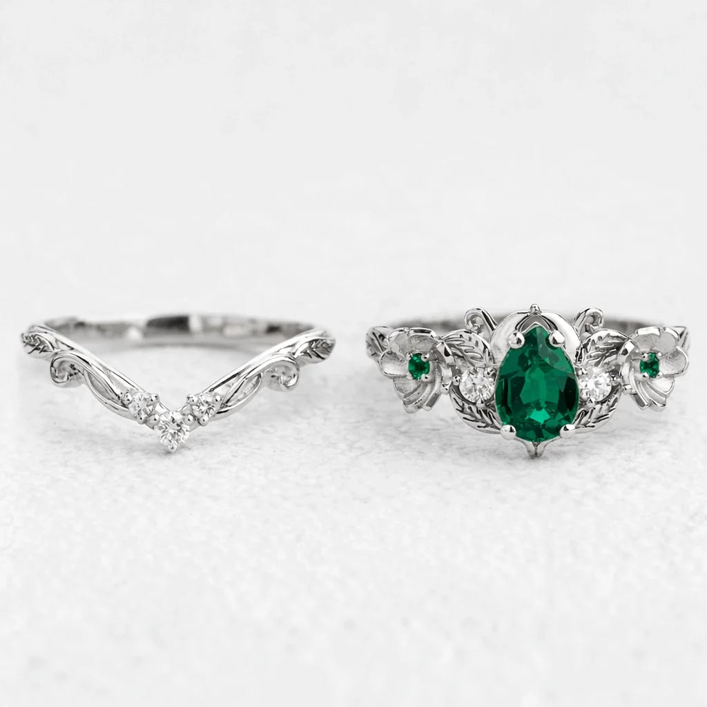 Flora’s Bloom | Natural Emerald Floral Bridal Set 2pcs