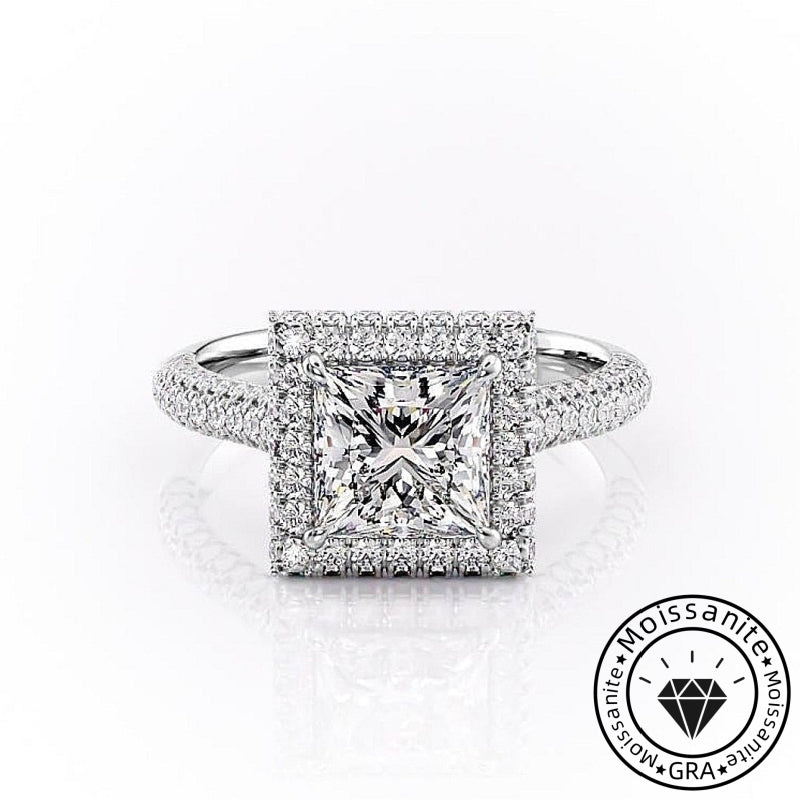 Intricate Solarii Moissanite 2.0ct Princess Cut 925 Sterling Silver Hidden Halo Engagement Ring