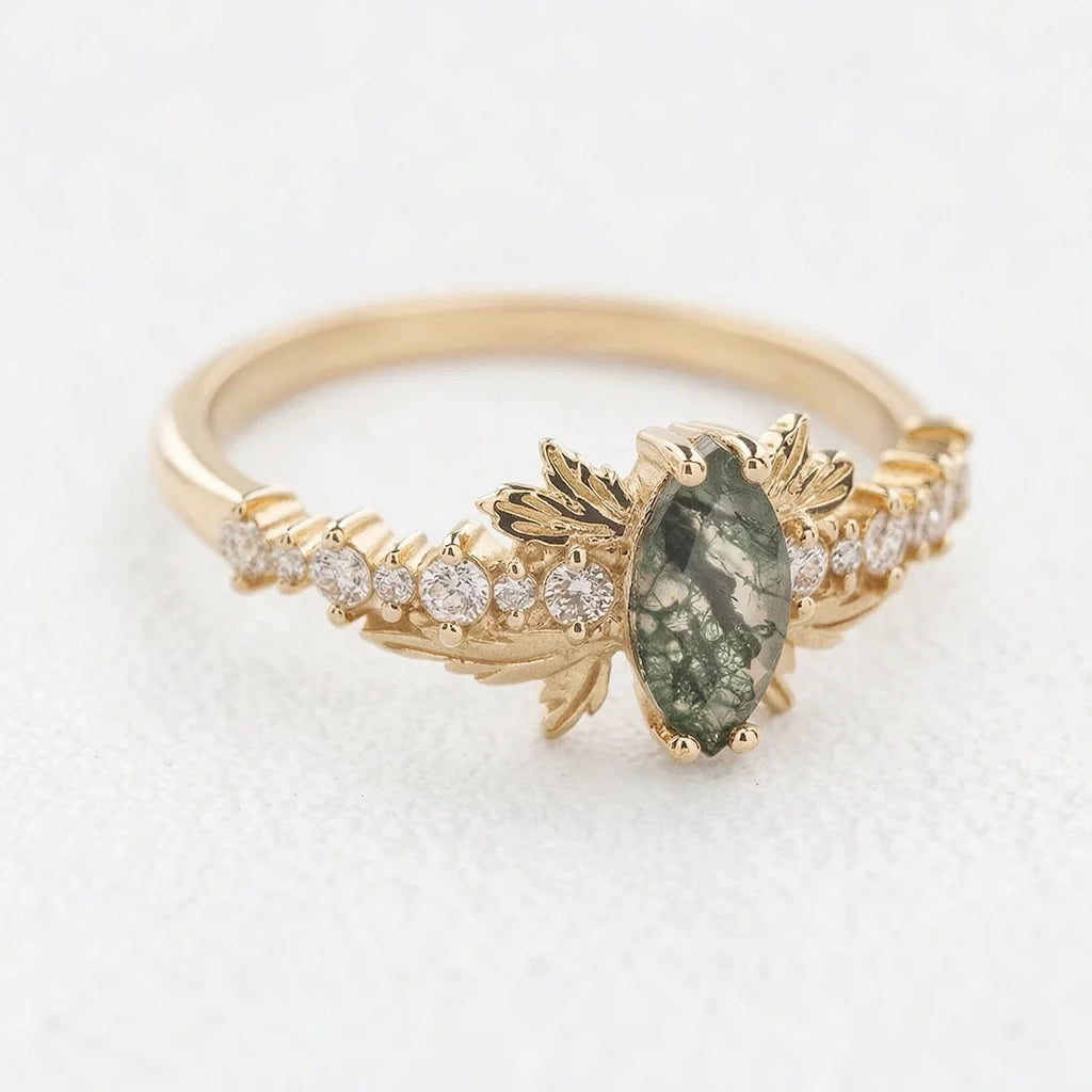 Aurora’s Moss Wing | Marquise Moss Agate Vintage Bridal Set 2pcs