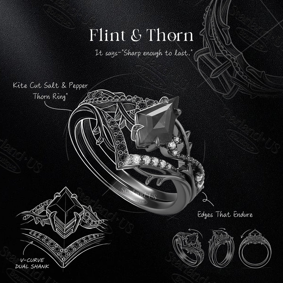 Thorns & Roses - Fantasy Carved  Gothic Nature Inspired Kite Lab Cornflower Sapphire Twisted Vine Engagement Ring Set 2pcs
