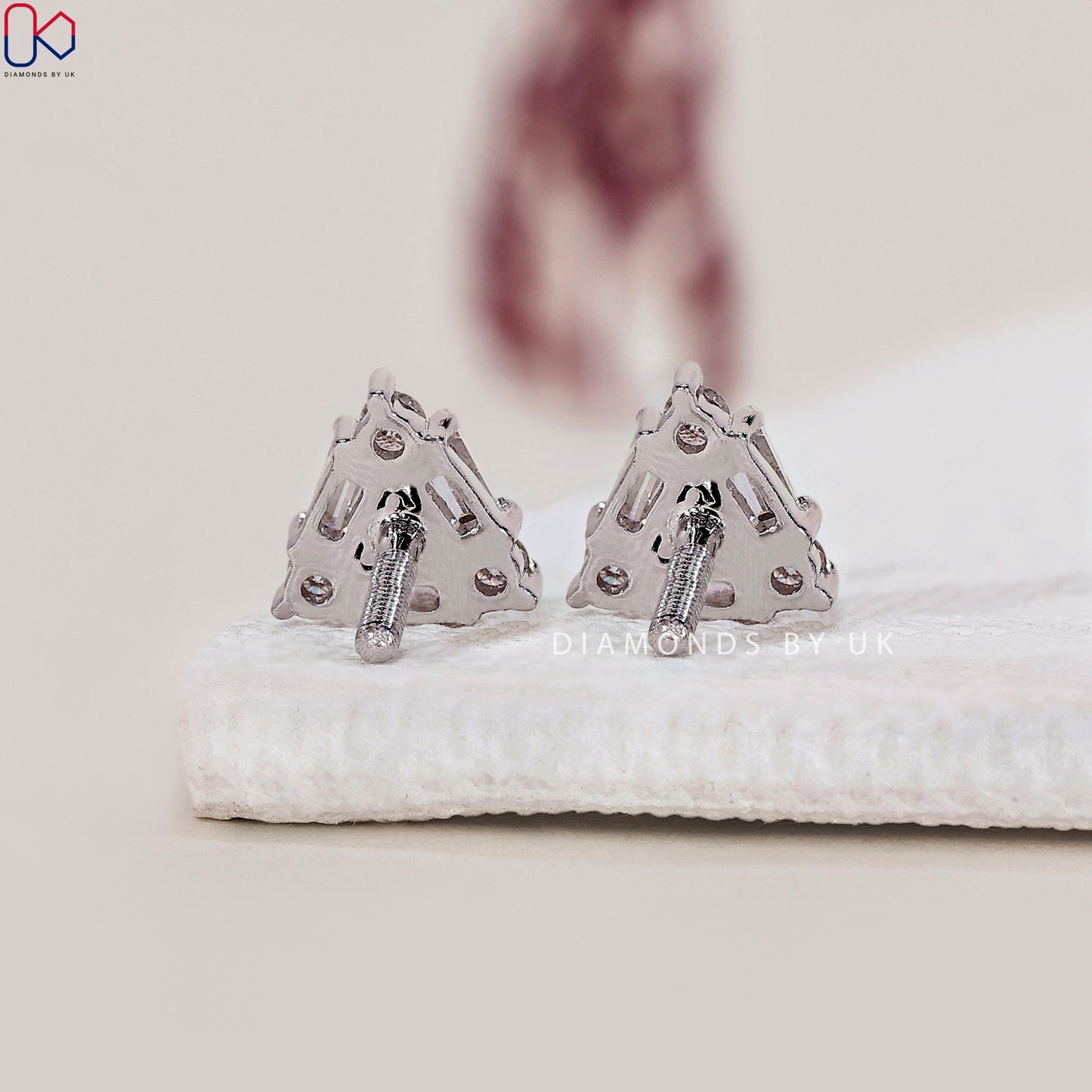 White Gold Stud Earrings - Baguette and Round Diamond