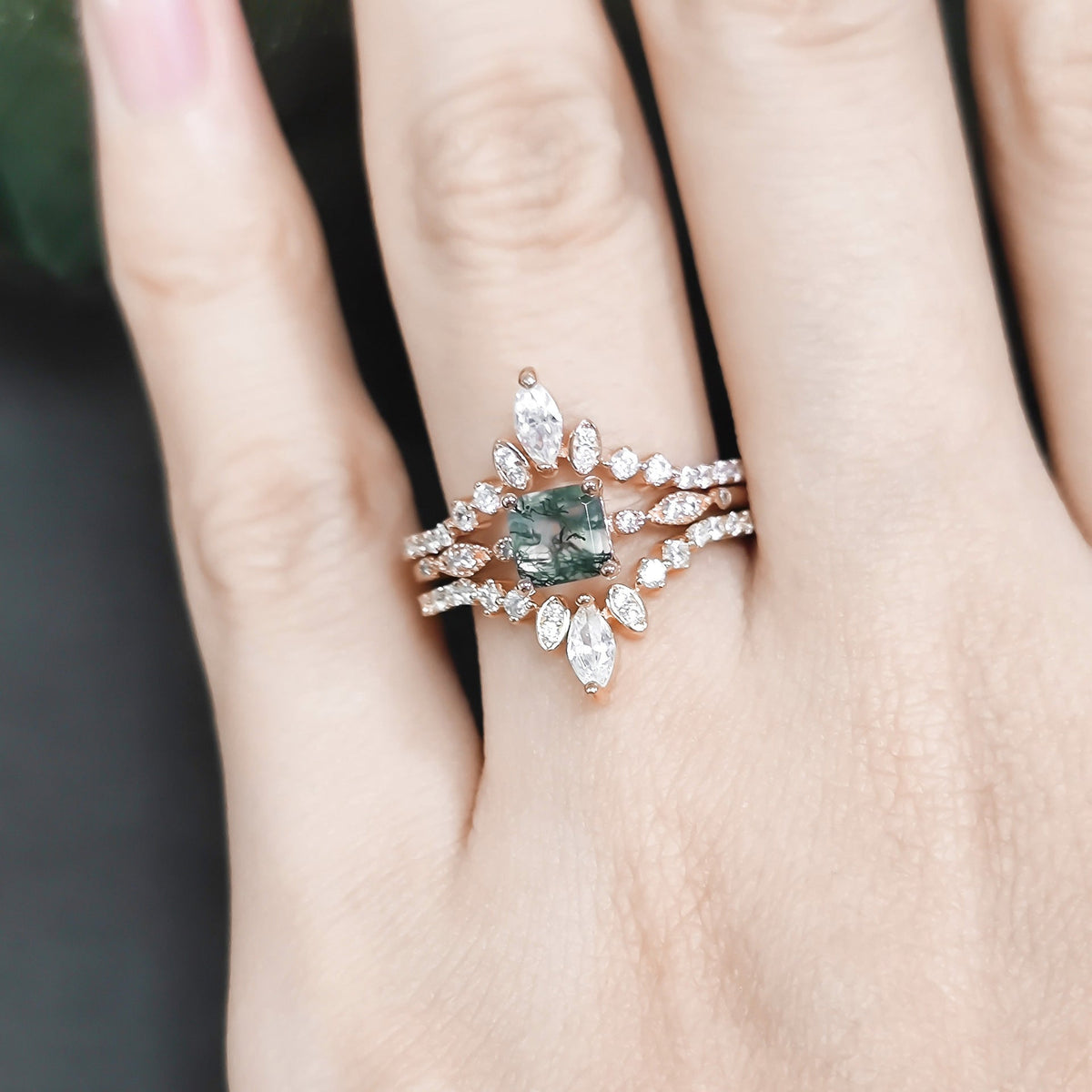 Princess Cut Moss Agate Engagement Ring Set 3 pcs