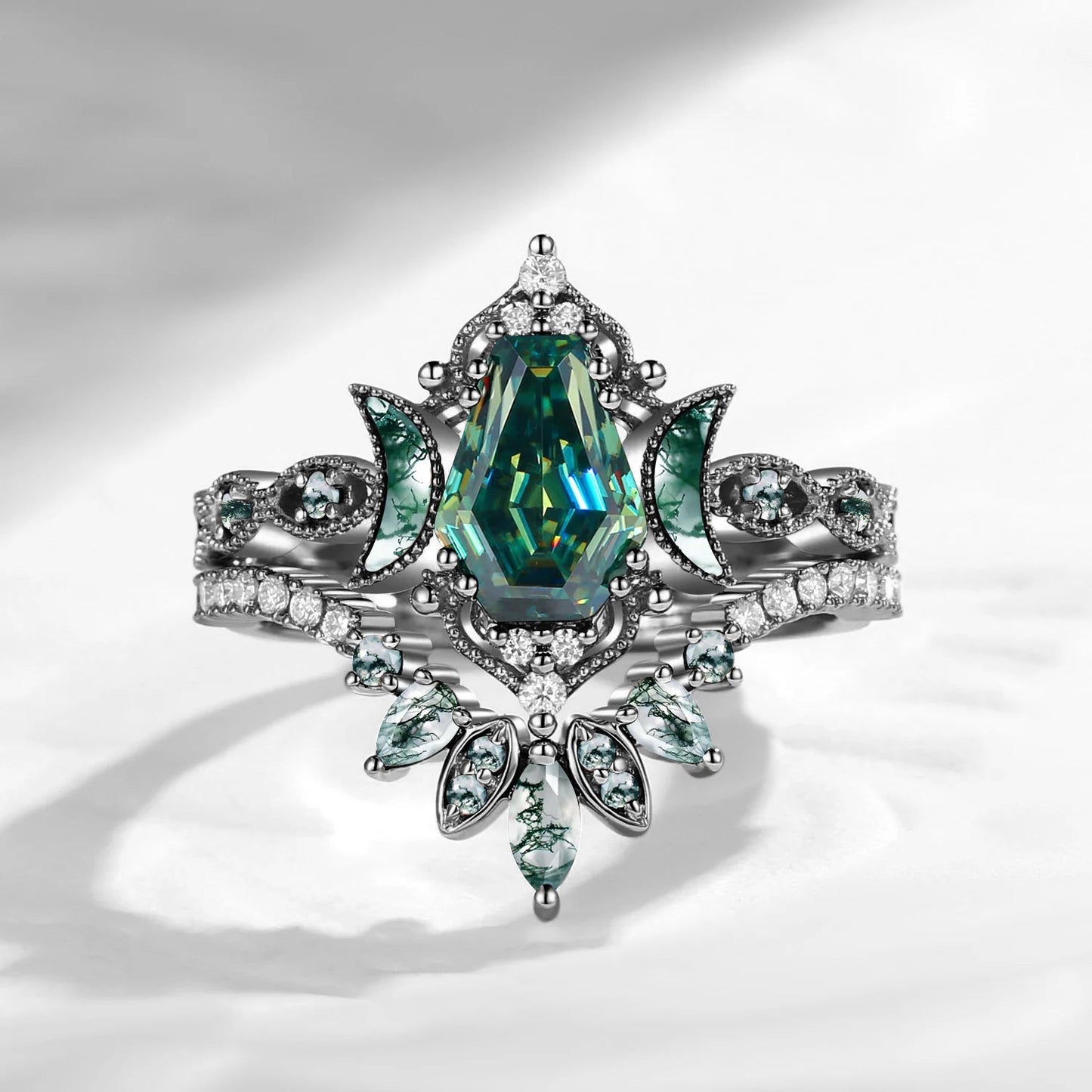 Crescent Moon | Coffin Cut Teal Moissanite 'Ultra Galaxy' Engagement Ring Set 2pcs