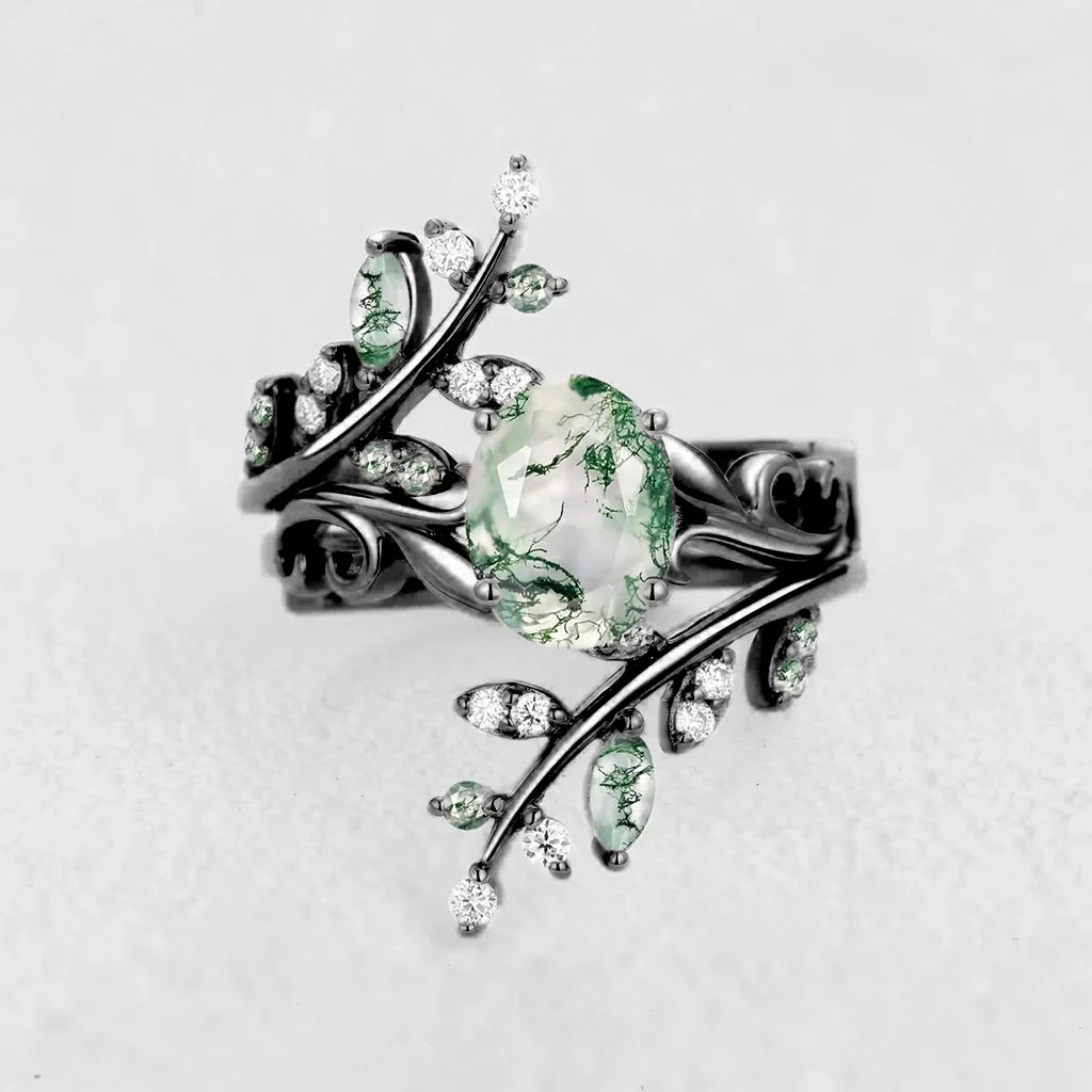 Daphne’s Canopy | Oval Cut Green Moss Agate Cluster Couple Ring Set