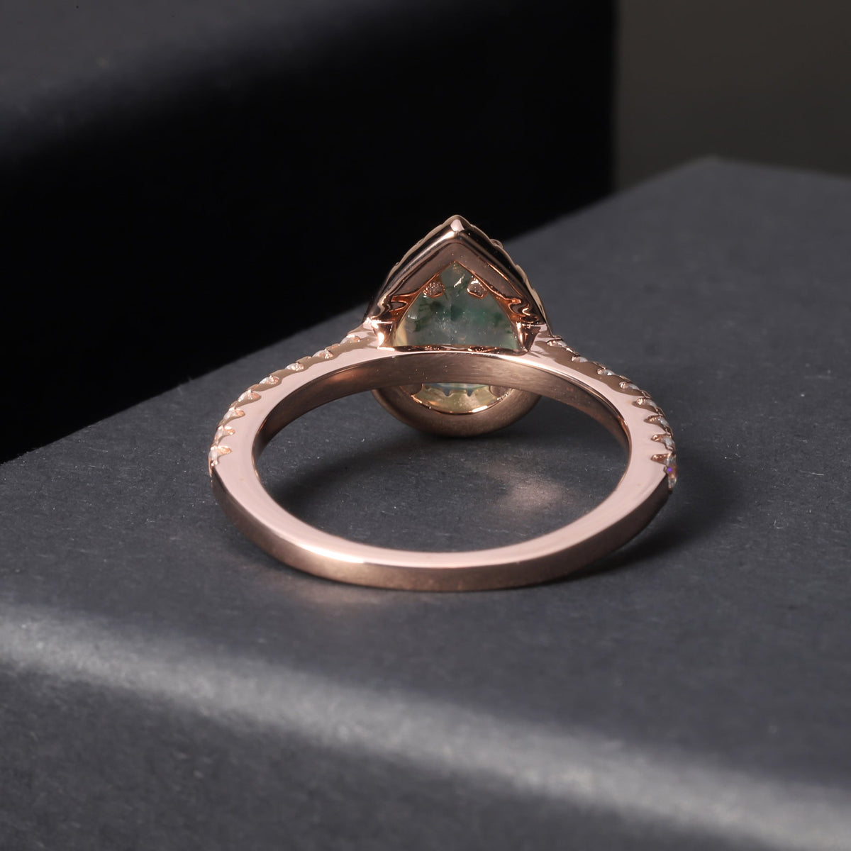 Pear Shaped Halo Moss Agate Engagement Ring