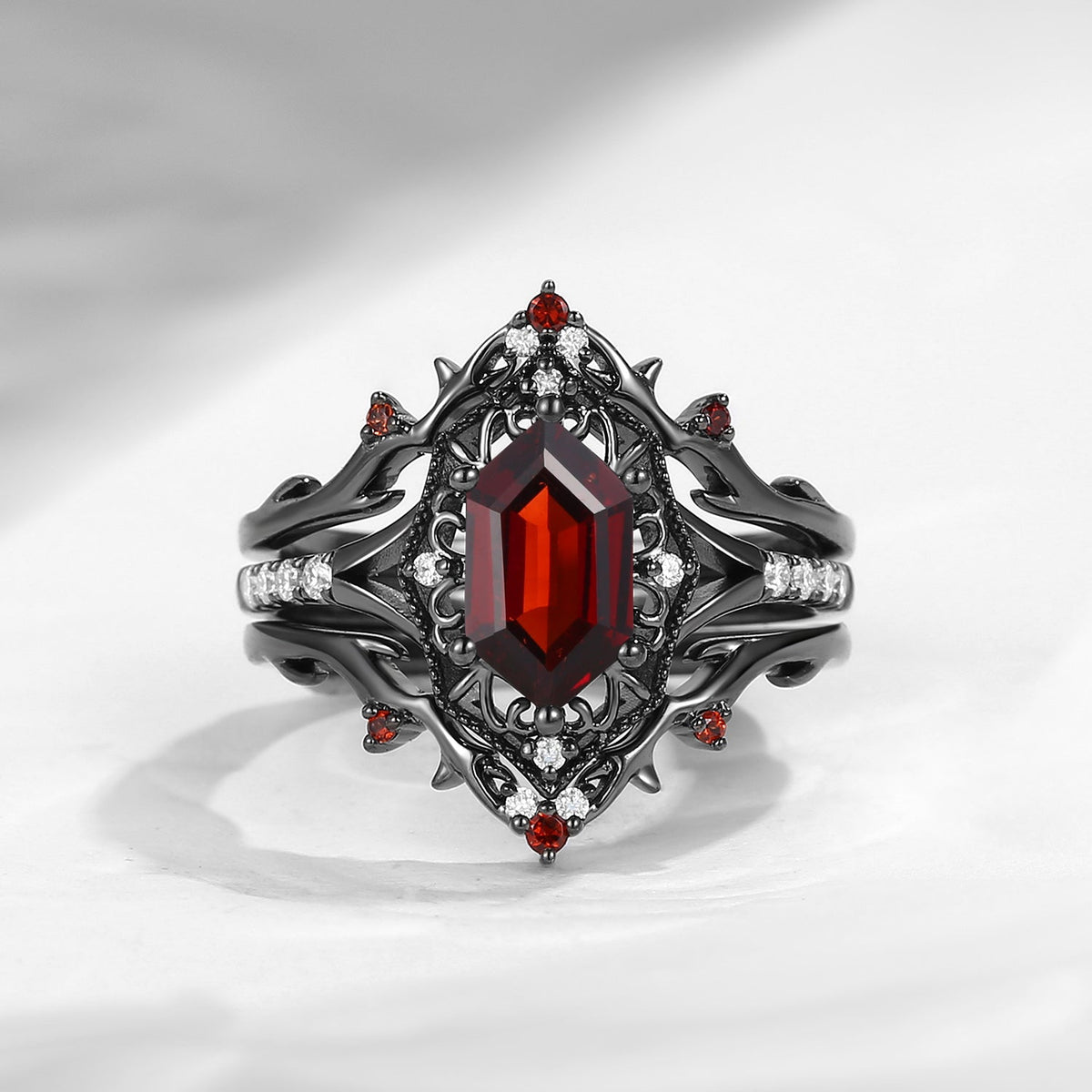 Gothic Inspired Hexagon Cut Garnet Vampire Shield Engagement Ring Set 3pcs