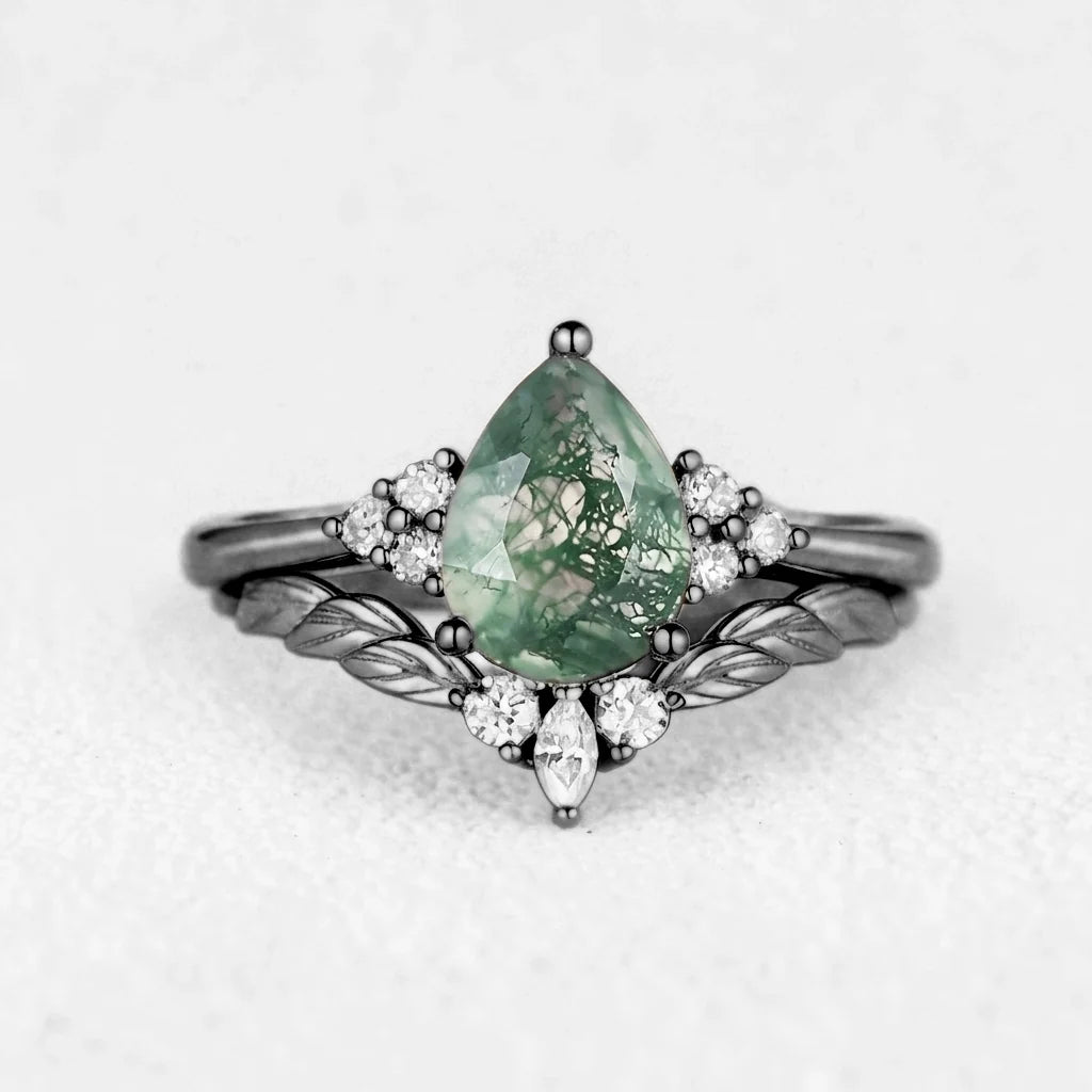 Mirabel’s Idyll | Unique Moss Agate Leaf Engagement Ring Set 2pcs