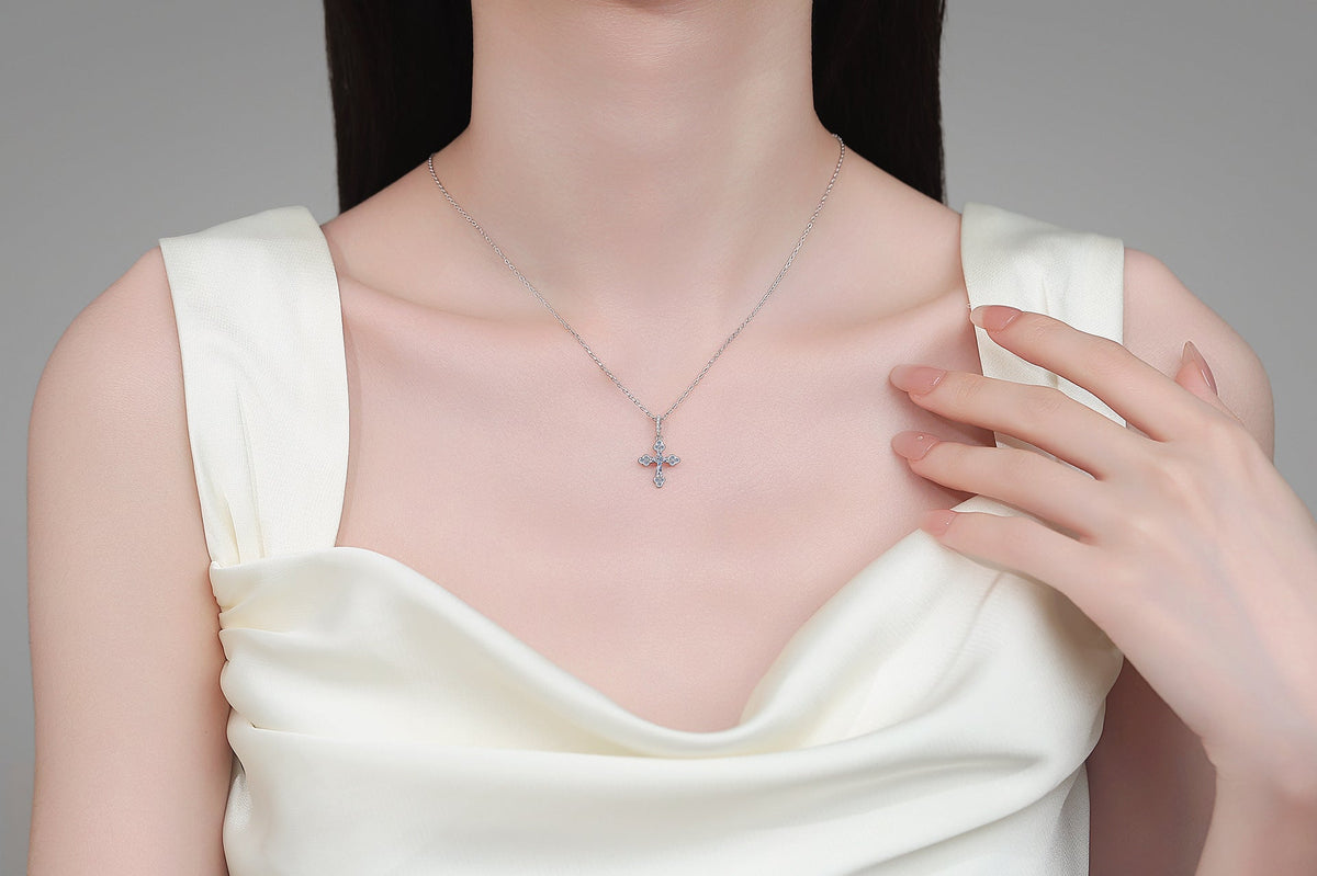 Dainty Moissanite Cross Pendant Necklace - 925 Sterling Silver Brilliant Cut Faith Jewelry for Women