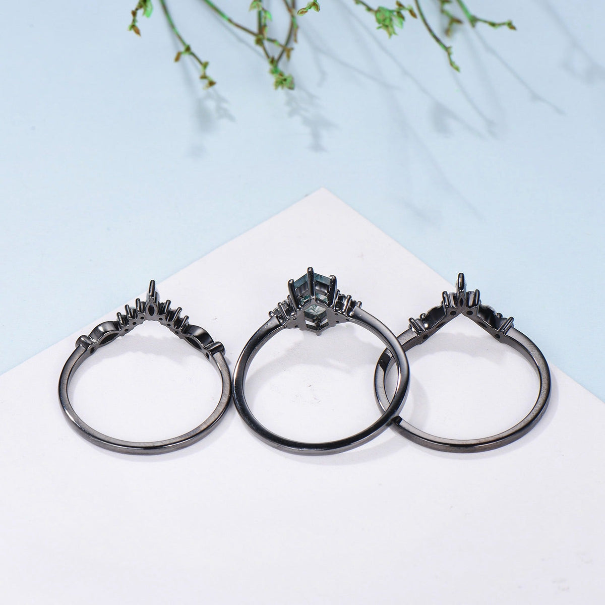 3pcs Black Gold Moss Agate Wedding Ring Set, Long Hexagon Natural Green Agate Gothic Engagement Ring, Unique Alexandrite Opal Stacking Band