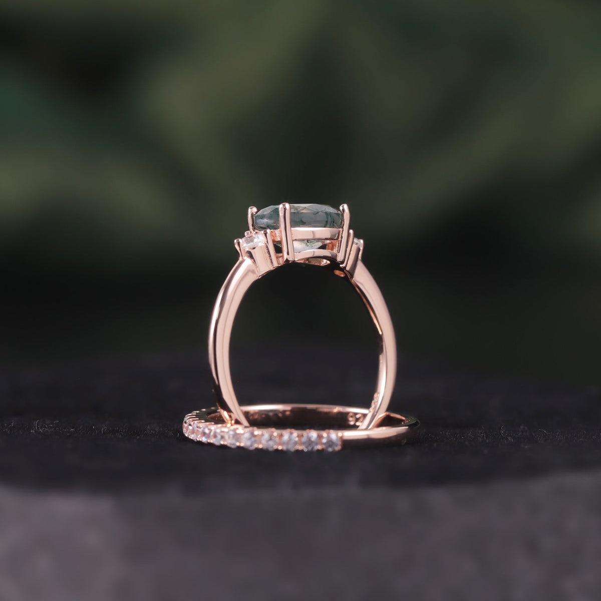 Oval Moss Agate Three Stones Engagement Ring