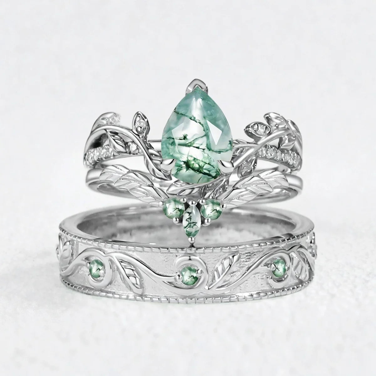 Marguerite’s Garland | Pear Cut Moss Agate Couple’s Ring Set 3pcs