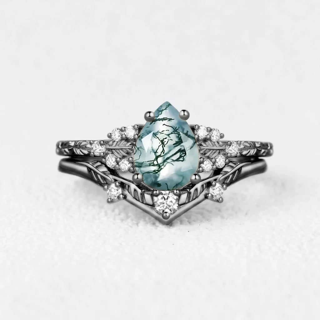 Hortense  Leaf Nature Inspired Pear Cut Moss Agate Engagement Ring Set 2pcs