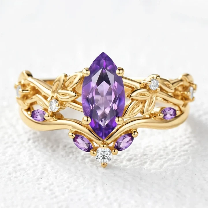 Violet’s Twig | Vintage Marquise Amethyst & Diamond Bridal Set 2pcs