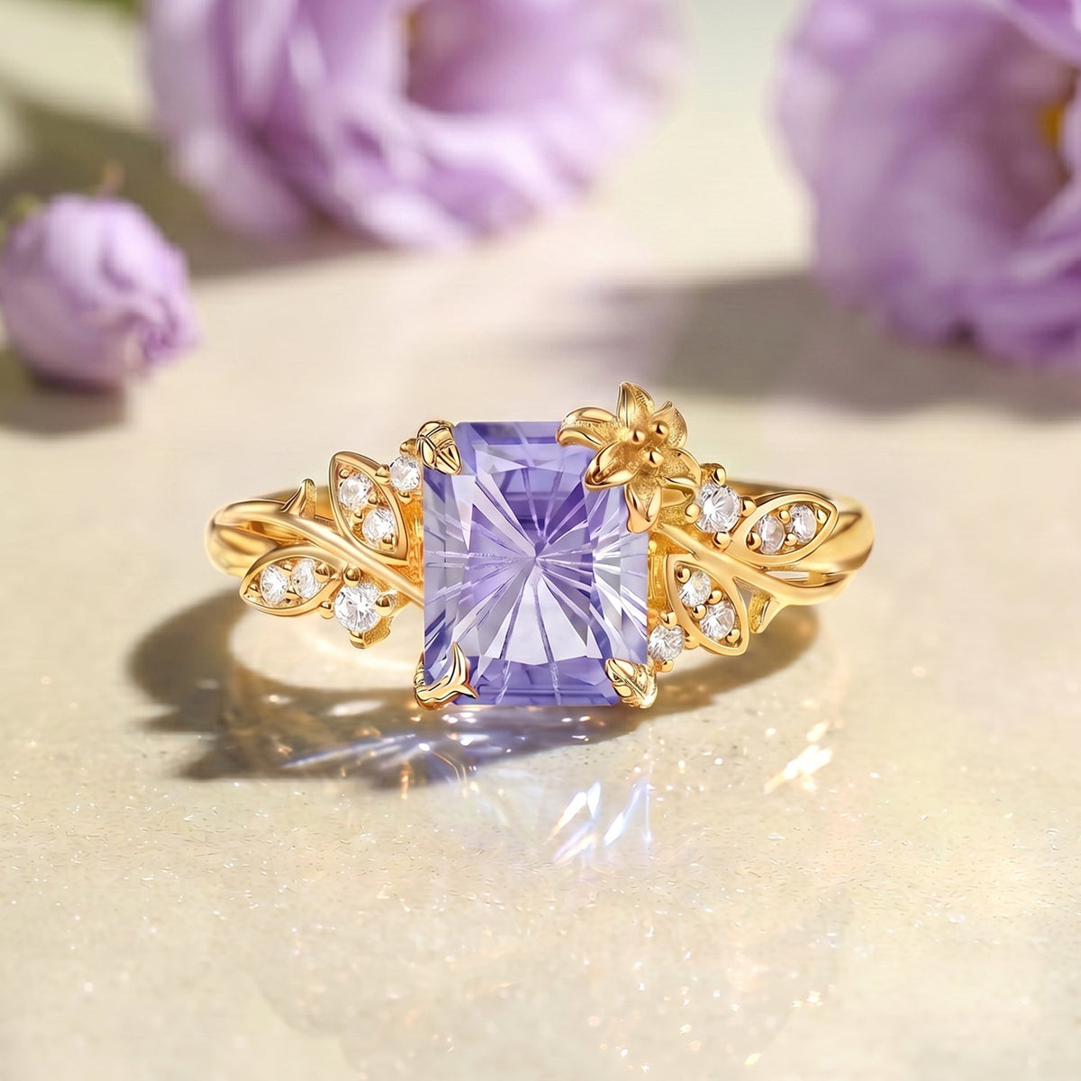 Radiant Cut Firework Lab Lavender Sapphire Floral Engagement Ring - Diana